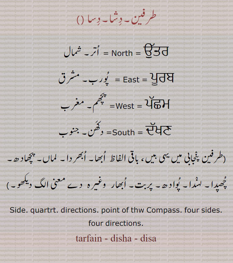  طرفین , دِشا,ਦਿਸਾ ,Compass directions,disa,side. quartrt. directions. point of thw. four sides. four direction. tarfain. tarfen. disha. disa. north. east. west. south.ਉੱਤਰ, ਸ਼ਮਾਲ, ਪੂਰਬ, ਮਸ਼ਰਿਕ, ਪੱਛਮ, ਮਗ਼ਰਿਬ,ਦੱਖਣ, ਜਨੂਬ,طرفین۔ دشا۔ دسا۔ اتر۔ شمال۔ پورب۔ مشرق۔ پچھم۔ مغرب۔ دکھن۔ جنوب۔ ابھا۔ ابھردا۔ لماں۔ پچھادھ۔ چھپدا۔ لہنا۔ پوادھ۔ پربت۔ ابھار۔ 