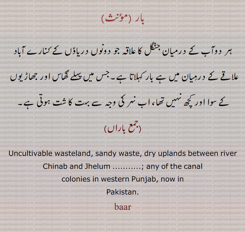 بار.ہر دوآب کے درمیان جنٛگل کا علاقہ جو دونوں دریاؤں کے کنارے آباد علاقے کے درمِیان میں ہے بار کہلاتا ہے۔جس میں پہلے گھاس اور جھاڑویوں کے سوا اور کچھ نہیں تھا، اب نہر کی وجہ سے بہت کا شت ہوتی ہے۔ ,Uncultivable wasteland, sandy waste, dry uplands between river Chinab and Jhelum ...........; any of the canal,colonies in western Punjab, now in,Pakistan.,baar,bar,baraan, baar, بار , ਬਾਰ