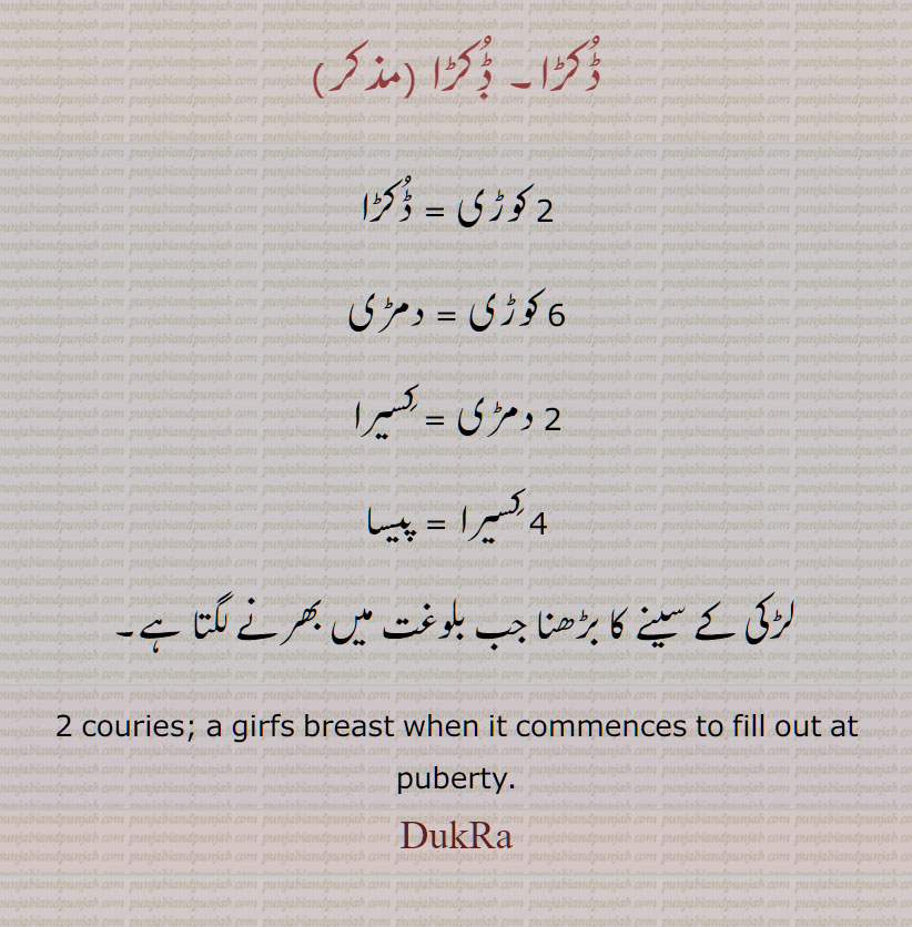  ਡੁਕੜਾ, ਡਕੜਾ,ڈکڑا ,dukra , 2 couries. girfs breast when it commences to fill out at puberty,ڈکڑا۔ دو کوڑی۔  چھ کوڑی۔ دو دمڑی۔ چار  کسیرا۔ پیسا , لڑکی کے سینے کا بڑھنا جب بلوغت میں بھرنے لگتا ہے
