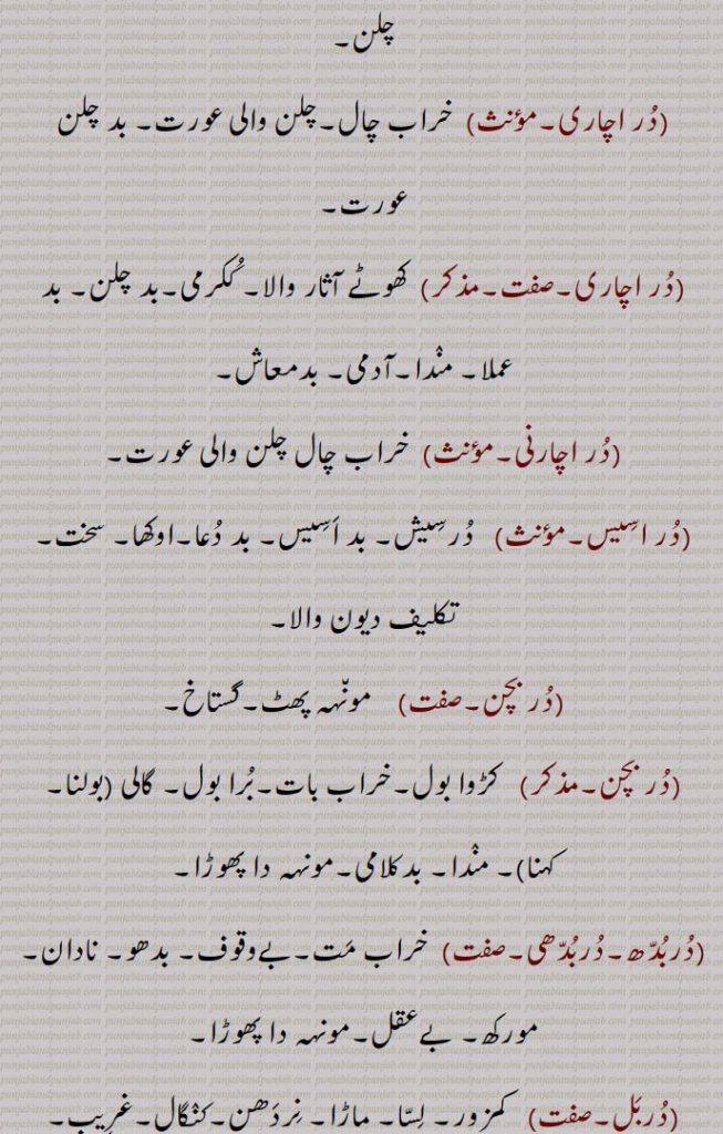   در, گھنٹی کا گُھنگھرُو, زبان جرس,  موتی, گوہر, کانوں کا   زیور ,دربار,درشاہوار,درِیتِیم,قیمتی موتی,در یگانہ,در پھٹے مونہہ,دھتکار, پھٹکار,در اپ یوگ,در اچار, بد چلنی,در اچاری,در اچارنی,در اچاری,در اسیس,در بچن,در بچن,دربدھ,دربدھی,مونہہ دا پھوڑا,دربل,دربلتا,دربھاؤ,دربھر,در بھچھ,قحط,دربھکھ,دربھاگ,دربھاگا,دربھگ,درجن,بدمعاش,دردانہ,در در کرنا,در در ہونا,در دسا, درسیس ,در دشا,درکامی,درگت,درگندھ,درلبھ,درمت,درمتی,در یاری,درے,درکار,درکارنا,در بھاگ وس,در کرنا, Tongue of bell,get away,duraachaar,isconduct, duraachaari, durbachan,durbal,ਦੁਰਬਲ ,durbalta, durbaltai,ਦੁਰਬਲਤਾ,durbhaag, ਦੁਰਭਾਗ,durbhau,dur dasa,  ਦੁਰਦਸ਼ਾ ,disa, ਦੁਰਗਤ,durgatt,dur dur hona, a prefix,dur dur karna,dur gaNdh,durjan, ਦੁਰਜਨ,dur labbh,dur matt, durmattí,dure, ਦੁਰੇ,dur, ਦੁਰ ,dur upyog,ਦੁਰਉਪਯੋਗ,durkarna,ਦੁਰਕਾਰਨਾ ,To shoo away, insult, reprove, to treat with contempt,dur karna,  ਦੁਰ  ਕਰਨਾ ,durkaar,   ਦੁਰਕਾਰ,dur dur,   ਦੁਰ ਦੁਰ,dur phite muNh, ਦੁਰ ਫਿਟੇ ਮੂੰਹ,fitemuNh,ਫਿਟੇਮੂੰਹ,dur bhaag wass,ਦੁਰਭਾਗ ਵੱਸ, Unfortunately,در , dur, ਦੁਰ,  