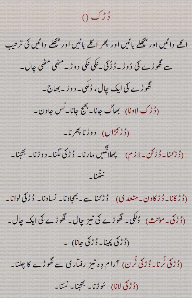   دڑک ,نکی نکی دوڑ,مٹھی مٹھی چال, گھوڑے کی ایک چال، دلکی,دڑک لاونا,دڑکڑاں,دڑکنا,دڑکن,بھجنا,نٹھنا,دڑکانا,دڑکاون,دڑکی,دڑکی  پینا,دڑکی جانا,دڑکی ٹرنا,دڑکی ٹرن,دڑکی لانا,دڑکی لا کے آونا,دڑکی لواون,دڑاون,دڑاؤ,دڑائی,دڑنگا,دوڑنگا,دڑنگا,دڑنگے لانا,  تیز چلنا,دڑنگے مارنا,دڑنگی,چھال, چھڑپا,دڑک,جھڑکی,ڈانٹ ڈپٹ,دڑکنا,ڈڑکنا, دڑکن,بڑھکنا, بڑھک مارنا,دڑکا,دڑکا داب,دڑکا دباچا,دڑکے دباچے,دڑکا دینا,دڑکا ڈیونا,دھمکانا,دڑکا مارنا,دڑکانا,دڑکاون,سہم جانا,دبک جانا, دب جانا,دڑکائے ,دڑوکن,  ڈکارن,دڑگا,   درگا,دڑگے مارنا,دڑگانا,دڑَگ,دڑَگی,دڑنگی,دڑگے مارنا, A type of walk of a horse, running, duRki,  ਦੁੜਕੀ,Trot,daRka,  Threat,daRka dabaacha,daRka dewan, daRkna,  ਦਡ਼ਕਣਾ, daRkka,   ਦਡ਼ੱਕਾ, Crouching, daRkka maarna, to awe, daRkana, ਦਡ਼ਕਣਾ, duRk, ਦੁੜਕ,    دڑک ,نکی نکی دوڑ,مٹھی مٹھی چال, گھوڑے کی ایک چال، دلکی,دڑک لاونا,دڑکڑاں,دڑکنا,دڑکن,بھجنا,نٹھنا,دڑکانا,دڑکاون,دڑکی,دڑکی  پینا,دڑکی جانا,دڑکی ٹرنا,دڑکی ٹرن,دڑکی لانا,دڑکی لا کے آونا,دڑکی لواون,دڑاون,دڑاؤ,دڑائی,دڑنگا,دوڑنگا,دڑنگا,دڑنگے لانا,  تیز چلنا,دڑنگے مارنا,دڑنگی,چھال, چھڑپا,دڑک,جھڑکی,ڈانٹ ڈپٹ,دڑکنا,ڈڑکنا, دڑکن,بڑھکنا, بڑھک مارنا,دڑکا,دڑکا داب,دڑکا دباچا,دڑکے دباچے,دڑکا دینا,دڑکا ڈیونا,دھمکانا,دڑکا مارنا,دڑکانا,دڑکاون,سہم جانا,دبک جانا, دب جانا,دڑکائے ,دڑوکن,  ڈکارن,دڑگا,   درگا,دڑگے مارنا,دڑگانا,دڑَگ,دڑَگی,دڑنگی,دڑگے مارنا, A type of walk of a horse, running, duRki,  ਦੁੜਕੀ,Trot,daRka,  Threat,daRka dabaacha,daRka dewan, daRkna,  ਦਡ਼ਕਣਾ, daRkka,   ਦਡ਼ੱਕਾ, Crouching, daRkka maarna, to awe, daRkana, ਦਡ਼ਕਣਾ, duRk, ਦੁੜਕ,  