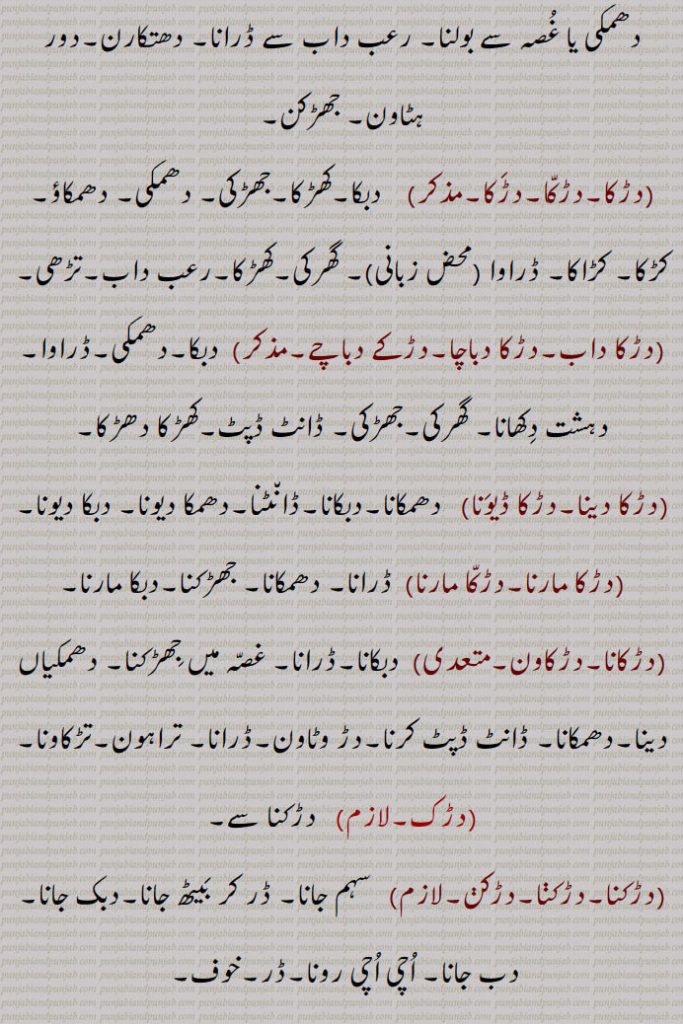   دڑک ,نکی نکی دوڑ,مٹھی مٹھی چال, گھوڑے کی ایک چال، دلکی,دڑک لاونا,دڑکڑاں,دڑکنا,دڑکن,بھجنا,نٹھنا,دڑکانا,دڑکاون,دڑکی,دڑکی  پینا,دڑکی جانا,دڑکی ٹرنا,دڑکی ٹرن,دڑکی لانا,دڑکی لا کے آونا,دڑکی لواون,دڑاون,دڑاؤ,دڑائی,دڑنگا,دوڑنگا,دڑنگا,دڑنگے لانا,  تیز چلنا,دڑنگے مارنا,دڑنگی,چھال, چھڑپا,دڑک,جھڑکی,ڈانٹ ڈپٹ,دڑکنا,ڈڑکنا, دڑکن,بڑھکنا, بڑھک مارنا,دڑکا,دڑکا داب,دڑکا دباچا,دڑکے دباچے,دڑکا دینا,دڑکا ڈیونا,دھمکانا,دڑکا مارنا,دڑکانا,دڑکاون,سہم جانا,دبک جانا, دب جانا,دڑکائے ,دڑوکن,  ڈکارن,دڑگا,   درگا,دڑگے مارنا,دڑگانا,دڑَگ,دڑَگی,دڑنگی,دڑگے مارنا, A type of walk of a horse, running, duRki,  ਦੁੜਕੀ,Trot,daRka,  Threat,daRka dabaacha,daRka dewan, daRkna,  ਦਡ਼ਕਣਾ, daRkka,   ਦਡ਼ੱਕਾ, Crouching, daRkka maarna, to awe, daRkana, ਦਡ਼ਕਣਾ, duRk, ਦੁੜਕ,  