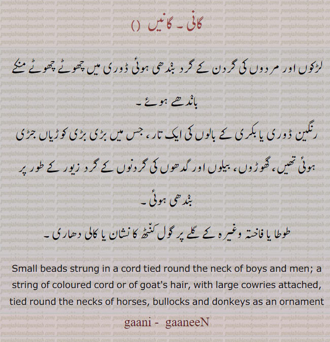  گانی, گانیں, Gaani, ਗਾਨੀ, GaaneeN, ਗਾਨੀਂ, ganni, gani,Small beads strung in a cord tied round the neck of boys and men; a string of coloured cord or of goat's hair, with large cowries attached, tied round the necks of horses, bullocks and donkeys as an ornament, ornament, Jewellery, jewelry, زیور, لڑکوں اور مردوں کی گردن کے گرد بدنھی ڈوری جس میں منکے باندھے ہوئے ہوتے ہیں۔ رنگین ڈوری جو بکری گھوڑوں جانور کی گردنوں میں میں۔ طوطا یا فاختہ کے گلے کا کنٹھ کا نشان یا لالی لال دھاری۔