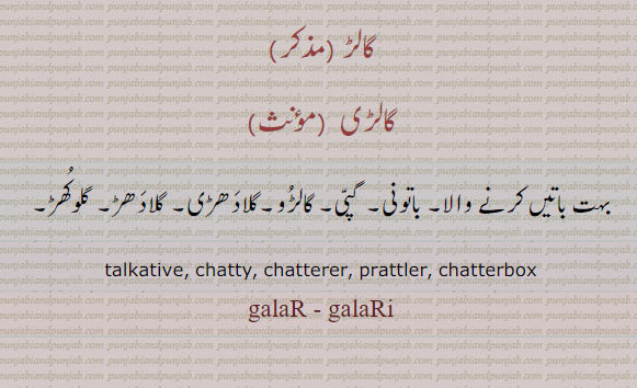 ਗਾਲਡ਼ੀ,ਗਾਲੜੀ, galari , gaalri ਗਾਲਡ਼,ਗਾਲ੍ਹੜ, talkative person,باتونی,گالڑ,گلادھڑی, گالڑو, گلوکھڑ,  گلا دھڑ, گپی,