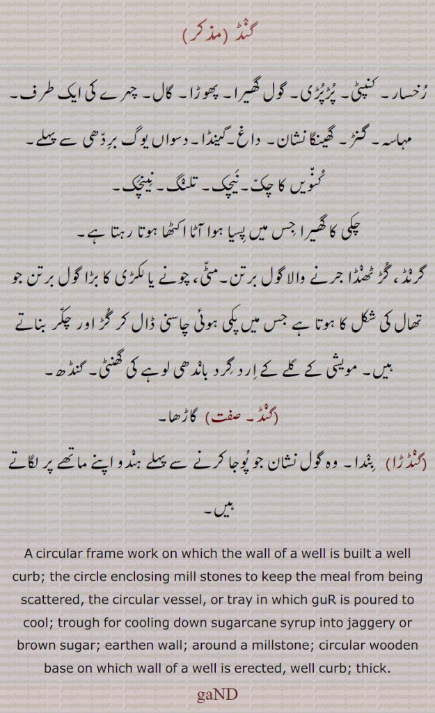     گنڈ , رخسار۔ کنپٹی۔ پڑپڑی۔ گول گھیرا۔ پھوڑا۔ گال۔ چہرے کی ایک طرف۔ مہاسہ۔ گنڑ۔ گھینگا نشان۔ داغ۔گینڈا۔دسواں یوگ بردھی سے پہلے, کنویں کا چک۔نیچک۔ تلنگ۔نینچک, چکی کا گھیرا جس میں پسیا ہوا آٹا اکٹھا ہوتا رہتا ہے, گرنڈ، گڑ ٹھنڈا جرنے والا گول برتن۔مٹی، چونے یا لکڑی کا بڑا گول برتن جو تھال کی شکل کا ہوتا ہے جس میں پکی ہوئی چاسنی ڈال کر گڑ اور چکر بناتے ہیں۔ مویشی کے گلے کے ارد گرد باندھی لوہے کی گھنٹی۔ گنڈھ, گنڈ,  گاڑھا, گنڈڑا,  بندا۔ وہ گول نشان جو پوجا کرنے سے پہلے ہندو اپنے ماتھے پر لگاتے ہیں۔ ، A circular frame work on which the wall of a well is built a well curb; the circle enclosing mill stones to keep the meal from being scattered, the circular vessel, or tray in which guR is poured to cool; trough for cooling down sugarcane syrup into jaggery or brown sugar; earthen wall; around a millstone; circular wooden base on which wall of a well is erected, well curb; thick. gaND, گنڈ ،gand, ਗੰਡ ,گنڈڑا  