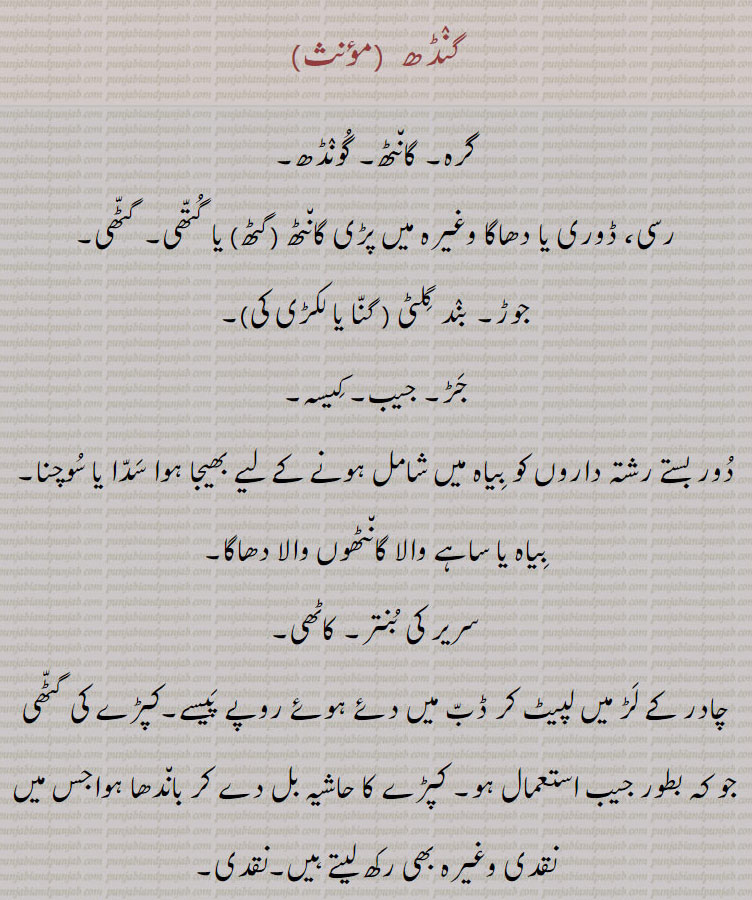  گنڈھ,   گنڈھ ,گنڈھ بنھنا,گنڈھ بھیجنا, گنڈھ پھیرنا  ,  گنڈھ پانا ,گنڈھ ہوونا,گنڈھ پلے ہونا, گنڈھ پینا , گنڈھ پے جانا,گنڈھ تپ,گنڈھ ترپ,گنڈھ چتراوا,,  گنڈھ چھوڑ ,گنڈھ چھوڑا,گٹھ چھوڑا, گنڈھ دا پورا , گنڈھا,گنڈھ دا مال,گنڈھ دینا,گٹھ دینا,گنڈھ کپ,گنڈھ کپنا,  گنڈھ کپیجنا ,گنڈھ کٹنا,گنڈھ وڈھنا, گنڈھ کھولنا, گنڈھا, گنڈھ گوبھی,گنڈھ گھلنا,گنڈھ گہیر,گنڈھ لینا,گنڈھ لپی, گنڈھ وڈھنا ,گنڈھانا,گنڈھڑ, گنڈھڑی, گنڈھل,گنڈھنا,گنڈھوانا,  "گنڈھوائی ,گنڈھوں خالی,گنڈھی, گنڈھی پینیاں , گنڈھا,گنڈھی پینا,گنڈھی بدھنا,گنڈھی چھورا,گنڈھے جانا,گنڈھیا جانا,گنڈھیرا,گنڈھیں بنھنا,گنڈھیں پاؤنا,  گنڈھیں پوانا ,گنڈھیں گننا,گنڈھیں گھتنا, گنڈھیندیاں, گنڈھا,گنڈھا,گنڈھے گڈ,  گنڈھ پاؤنی,گنڈھیرا,گنڈہ, گنڈھیندا , گنڈھا,گنڈھیا,گنڈھیسی,گنڈھیجن,گنڈھواون,              گرہ , گانٹھ, گونڈھ, رسی, گٹھی, گتھی, جوڑ, جڑ, جیب , کھیسہ, کاٹھی, شادی کی تاریخ,   gandh, knot, joint, kpatch, gandh badhan., gandh kappan, gandh kholan, gandha, gandhri, gandhera, ganda,  attadchment, bundle