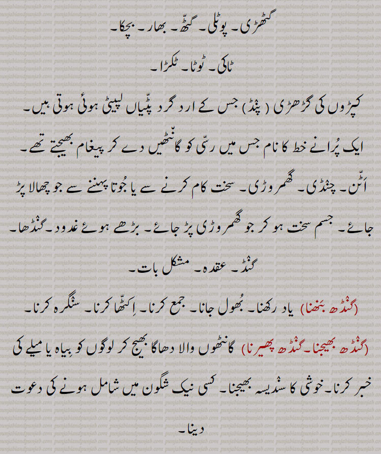  گنڈھ,   گنڈھ ,گنڈھ بنھنا,گنڈھ بھیجنا, گنڈھ پھیرنا  ,  گنڈھ پانا ,گنڈھ ہوونا,گنڈھ پلے ہونا, گنڈھ پینا , گنڈھ پے جانا,گنڈھ تپ,گنڈھ ترپ,گنڈھ چتراوا,,  گنڈھ چھوڑ ,گنڈھ چھوڑا,گٹھ چھوڑا, گنڈھ دا پورا , گنڈھا,گنڈھ دا مال,گنڈھ دینا,گٹھ دینا,گنڈھ کپ,گنڈھ کپنا,  گنڈھ کپیجنا ,گنڈھ کٹنا,گنڈھ وڈھنا, گنڈھ کھولنا, گنڈھا, گنڈھ گوبھی,گنڈھ گھلنا,گنڈھ گہیر,گنڈھ لینا,گنڈھ لپی, گنڈھ وڈھنا ,گنڈھانا,گنڈھڑ, گنڈھڑی, گنڈھل,گنڈھنا,گنڈھوانا,  "گنڈھوائی ,گنڈھوں خالی,گنڈھی, گنڈھی پینیاں , گنڈھا,گنڈھی پینا,گنڈھی بدھنا,گنڈھی چھورا,گنڈھے جانا,گنڈھیا جانا,گنڈھیرا,گنڈھیں بنھنا,گنڈھیں پاؤنا,  گنڈھیں پوانا ,گنڈھیں گننا,گنڈھیں گھتنا, گنڈھیندیاں, گنڈھا,گنڈھا,گنڈھے گڈ,  گنڈھ پاؤنی,گنڈھیرا,گنڈہ, گنڈھیندا , گنڈھا,گنڈھیا,گنڈھیسی,گنڈھیجن,گنڈھواون,              گرہ , گانٹھ, گونڈھ, رسی, گٹھی, گتھی, جوڑ, جڑ, جیب , کھیسہ, کاٹھی, شادی کی تاریخ,   gandh, knot, joint, kpatch, gandh badhan., gandh kappan, gandh kholan, gandha, gandhri, gandhera, ganda,  attadchment, bundle