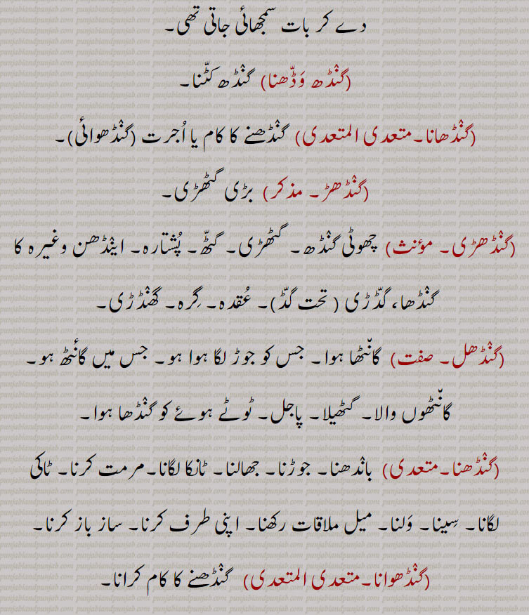  گنڈھ,   گنڈھ ,گنڈھ بنھنا,گنڈھ بھیجنا, گنڈھ پھیرنا  ,  گنڈھ پانا ,گنڈھ ہوونا,گنڈھ پلے ہونا, گنڈھ پینا , گنڈھ پے جانا,گنڈھ تپ,گنڈھ ترپ,گنڈھ چتراوا,,  گنڈھ چھوڑ ,گنڈھ چھوڑا,گٹھ چھوڑا, گنڈھ دا پورا , گنڈھا,گنڈھ دا مال,گنڈھ دینا,گٹھ دینا,گنڈھ کپ,گنڈھ کپنا,  گنڈھ کپیجنا ,گنڈھ کٹنا,گنڈھ وڈھنا, گنڈھ کھولنا, گنڈھا, گنڈھ گوبھی,گنڈھ گھلنا,گنڈھ گہیر,گنڈھ لینا,گنڈھ لپی, گنڈھ وڈھنا ,گنڈھانا,گنڈھڑ, گنڈھڑی, گنڈھل,گنڈھنا,گنڈھوانا,  "گنڈھوائی ,گنڈھوں خالی,گنڈھی, گنڈھی پینیاں , گنڈھا,گنڈھی پینا,گنڈھی بدھنا,گنڈھی چھورا,گنڈھے جانا,گنڈھیا جانا,گنڈھیرا,گنڈھیں بنھنا,گنڈھیں پاؤنا,  گنڈھیں پوانا ,گنڈھیں گننا,گنڈھیں گھتنا, گنڈھیندیاں, گنڈھا,گنڈھا,گنڈھے گڈ,  گنڈھ پاؤنی,گنڈھیرا,گنڈہ, گنڈھیندا , گنڈھا,گنڈھیا,گنڈھیسی,گنڈھیجن,گنڈھواون,              گرہ , گانٹھ, گونڈھ, رسی, گٹھی, گتھی, جوڑ, جڑ, جیب , کھیسہ, کاٹھی, شادی کی تاریخ,   gandh, knot, joint, kpatch, gandh badhan., gandh kappan, gandh kholan, gandha, gandhri, gandhera, ganda,  attadchment, bundle