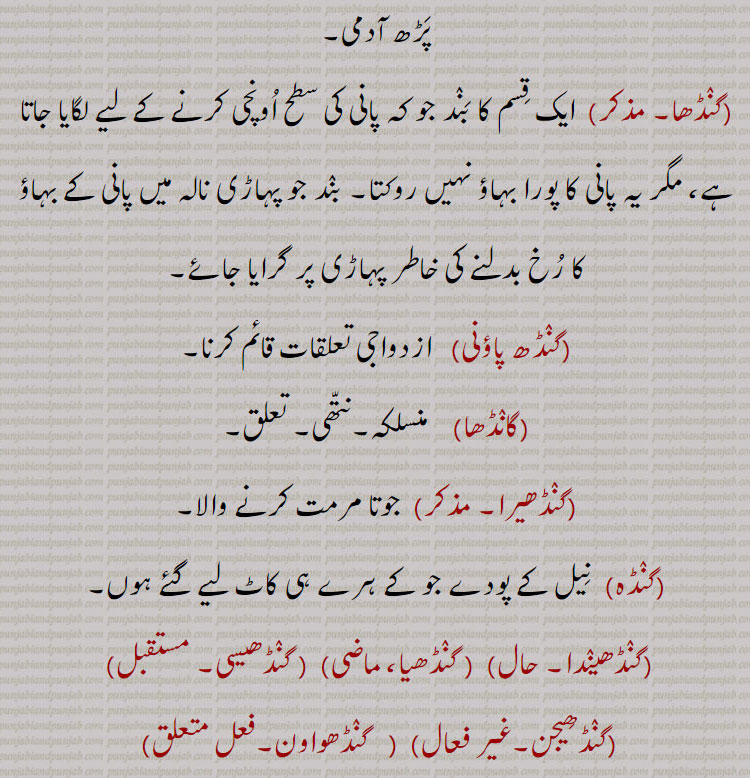  گنڈھ,   گنڈھ ,گنڈھ بنھنا,گنڈھ بھیجنا, گنڈھ پھیرنا  ,  گنڈھ پانا ,گنڈھ ہوونا,گنڈھ پلے ہونا, گنڈھ پینا , گنڈھ پے جانا,گنڈھ تپ,گنڈھ ترپ,گنڈھ چتراوا,,  گنڈھ چھوڑ ,گنڈھ چھوڑا,گٹھ چھوڑا, گنڈھ دا پورا , گنڈھا,گنڈھ دا مال,گنڈھ دینا,گٹھ دینا,گنڈھ کپ,گنڈھ کپنا,  گنڈھ کپیجنا ,گنڈھ کٹنا,گنڈھ وڈھنا, گنڈھ کھولنا, گنڈھا, گنڈھ گوبھی,گنڈھ گھلنا,گنڈھ گہیر,گنڈھ لینا,گنڈھ لپی, گنڈھ وڈھنا ,گنڈھانا,گنڈھڑ, گنڈھڑی, گنڈھل,گنڈھنا,گنڈھوانا,  "گنڈھوائی ,گنڈھوں خالی,گنڈھی, گنڈھی پینیاں , گنڈھا,گنڈھی پینا,گنڈھی بدھنا,گنڈھی چھورا,گنڈھے جانا,گنڈھیا جانا,گنڈھیرا,گنڈھیں بنھنا,گنڈھیں پاؤنا,  گنڈھیں پوانا ,گنڈھیں گننا,گنڈھیں گھتنا, گنڈھیندیاں, گنڈھا,گنڈھا,گنڈھے گڈ,  گنڈھ پاؤنی,گنڈھیرا,گنڈہ, گنڈھیندا , گنڈھا,گنڈھیا,گنڈھیسی,گنڈھیجن,گنڈھواون,              گرہ , گانٹھ, گونڈھ, رسی, گٹھی, گتھی, جوڑ, جڑ, جیب , کھیسہ, کاٹھی, شادی کی تاریخ,   gandh, knot, joint, kpatch, gandh badhan., gandh kappan, gandh kholan, gandha, gandhri, gandhera, ganda,  attadchment, bundle