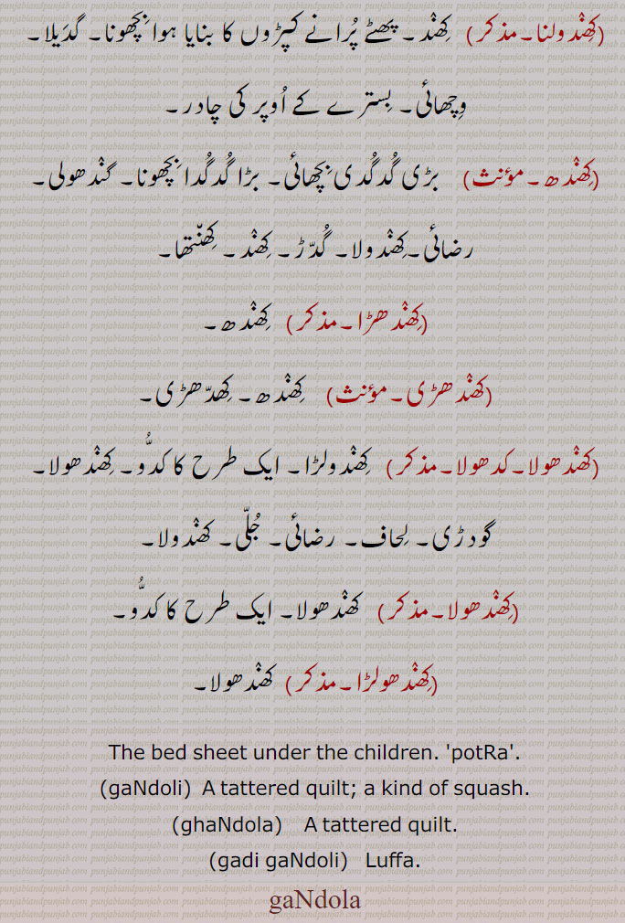   گندولا, بالاں دا وچھونا,گندولی,گدی گندولی,  توری,گھندولا,گندھولی,کھندولا,کھندھولا,جلی,  کدھولا ,کھندولنا, کھندھ,کھندھ,کھندھڑا, کھندھ,کھندھڑی, کھدھڑی,ਗੰਦੋਲਾ  ,رضائی, کھندولا,کھندھولڑا ,potRa,gaNdoli,   ਗੰਦੋਲੀ ,ghaNdola,  ਘੰਦੋਲਾ,  tattered quilt,gadi gaNdoli,   ਗਦੀ ਗੰਦੋਲੀ ,  Luffa,gandoli