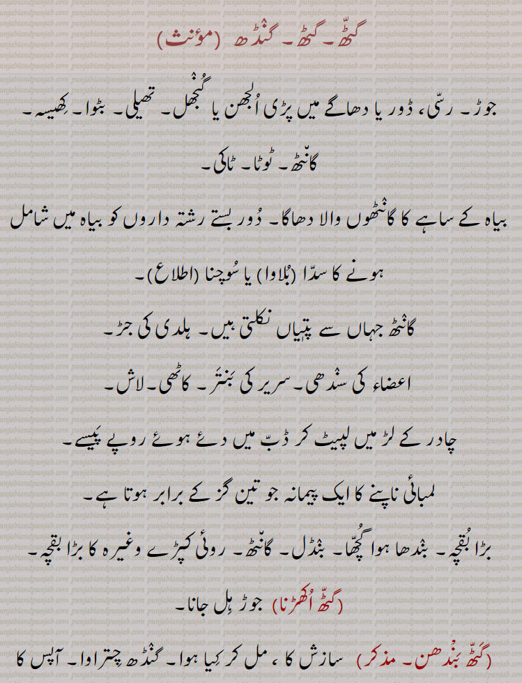  گٹھ, گٹھ, گنڈھ , گٹھ، گٹھ، گنڈھ ، گٹھ اکھڑنا،گٹھ بندھن،گٹھ بھیجنا،گٹھ پانا،گٹھ پھلنا،گٹھ پینا،گٹھ تپ،گٹھ تپ کرنا،گٹھ توں جانا،گٹھ جوڑ،گٹھ جوڑا،گٹھ جوڑا کرنا،گٹھ جوڑنا،گٹھ دا پورا،گٹھ دا پیسہ،گٹھ دار،گٹھ دینا، گٹھ کپ،گٹھ کترا،گٹھ کترنا،گٹھ کٹ/ کٹا/کٹیا، گٹھ کٹنا،گٹھ کھلھنا،گٹھ کھولھنا،گٹھ گوبھی،گٹھ لینا،گٹھا،گٹھانا،گٹھائی،گٹھت،گٹھری،گٹھڑ،گٹھڑی،گٹھڑی بنھنا،گٹھڑی ہونا،گٹھل،گٹھنا،گٹھڽا،گٹھنی،گٹھنی لانا،گٹھوانا۔ گٹھوانا،گٹھوائی،گٹھوت،گٹھوتی،گٹھی،گٹھی،گٹھیا۔گٹھئیا۔گٹھیا باؤ،گٹھیلا،گٹھیے دا روگی،,gaTTh deni, gaTTh, gaNDh, gaTTh/gaNDh paauni,gaTTh tupp, gaNDh tupp karna, gaTTha, gaNDha, ਗੱਠਾ,ਗੰਢਾ ,gaTThal, ਗੱਠਲ , gaTThaR, ਗੱਠਡ਼ , gaTThi, gaNDhi, ਗੱਠੀ, ਗੰਢੀ,gaTThna, ਗੱਠਣਾ , gaTThni ,ਗੱਠਣੀ, gaTThni,gaNDh laauni, gaNDhaai,ਗਠਾਈ ,ਗੰਢਾਈ  ,gaThar,  ਗਥਰ, gaTheea, ਗਠੀਲਾ ,gaThna,gaNDhna,   ਗਠਣਾ ,ਗੰਢਣਾ , gaNDhejaana, ਗੰਢੇਜਾਣਾ ,gaThri, gaThRi, ਗਠਡ਼ੀ,  ਗਠਰੀ ,gaThRi honi, gaThRi karni, gaThaauna,gaNDhaauna, ਗਠਾਉਣਾ, ਗੰਢਾਉਣਾ , gaThwaai, gaNDhwaai, ਗਠਵਾਈ, ਗੰਢਵਾਈ , gaThwaauna, gaNDhwaauna,  gaNDheri , ਗੰਢੇਰੀ , 