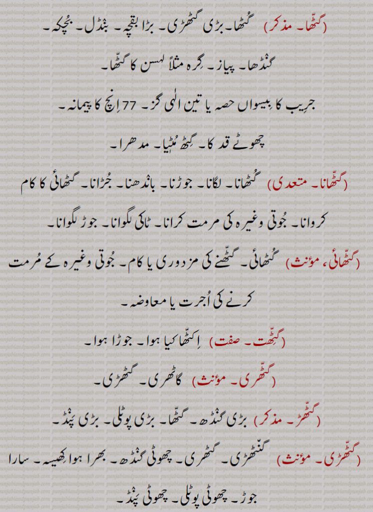 گٹھ, گٹھ, گنڈھ , گٹھ، گٹھ، گنڈھ ، گٹھ اکھڑنا،گٹھ بندھن،گٹھ بھیجنا،گٹھ پانا،گٹھ پھلنا،گٹھ پینا،گٹھ تپ،گٹھ تپ کرنا،گٹھ توں جانا،گٹھ جوڑ،گٹھ جوڑا،گٹھ جوڑا کرنا،گٹھ جوڑنا،گٹھ دا پورا،گٹھ دا پیسہ،گٹھ دار،گٹھ دینا، گٹھ کپ،گٹھ کترا،گٹھ کترنا،گٹھ کٹ/ کٹا/کٹیا، گٹھ کٹنا،گٹھ کھلھنا،گٹھ کھولھنا،گٹھ گوبھی،گٹھ لینا،گٹھا،گٹھانا،گٹھائی،گٹھت،گٹھری،گٹھڑ،گٹھڑی،گٹھڑی بنھنا،گٹھڑی ہونا،گٹھل،گٹھنا،گٹھڽا،گٹھنی،گٹھنی لانا،گٹھوانا۔ گٹھوانا،گٹھوائی،گٹھوت،گٹھوتی،گٹھی،گٹھی،گٹھیا۔گٹھئیا۔گٹھیا باؤ،گٹھیلا،گٹھیے دا روگی،,gaTTh deni, gaTTh, gaNDh, gaTTh/gaNDh paauni,gaTTh tupp, gaNDh tupp karna, gaTTha, gaNDha, ਗੱਠਾ,ਗੰਢਾ ,gaTThal, ਗੱਠਲ , gaTThaR, ਗੱਠਡ਼ , gaTThi, gaNDhi, ਗੱਠੀ, ਗੰਢੀ,gaTThna, ਗੱਠਣਾ , gaTThni ,ਗੱਠਣੀ, gaTThni,gaNDh laauni, gaNDhaai,ਗਠਾਈ ,ਗੰਢਾਈ  ,gaThar,  ਗਥਰ, gaTheea, ਗਠੀਲਾ ,gaThna,gaNDhna,   ਗਠਣਾ ,ਗੰਢਣਾ , gaNDhejaana, ਗੰਢੇਜਾਣਾ ,gaThri, gaThRi, ਗਠਡ਼ੀ,  ਗਠਰੀ ,gaThRi honi, gaThRi karni, gaThaauna,gaNDhaauna, ਗਠਾਉਣਾ, ਗੰਢਾਉਣਾ , gaThwaai, gaNDhwaai, ਗਠਵਾਈ, ਗੰਢਵਾਈ , gaThwaauna, gaNDhwaauna,  gaNDheri , ਗੰਢੇਰੀ , 