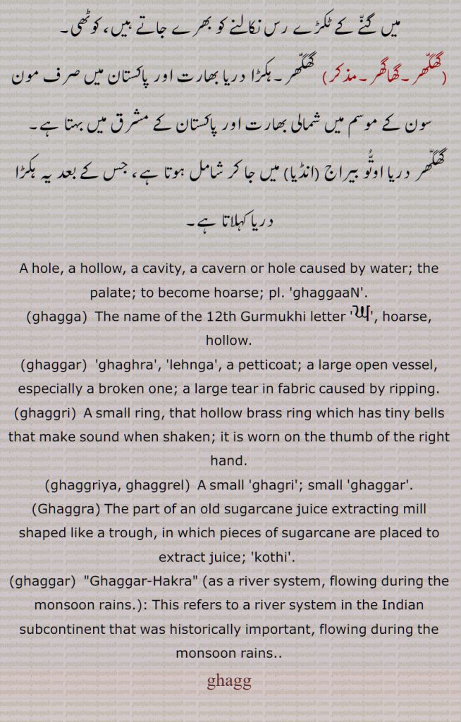    گھگ  ,سوراخ , کھردرا, کھوکھلا,گھگاں,گھگا,گھگر,گھگرا, لہنگا, ,بڑا کھلا برتن خصوصاً ٹوٹا ہوا,شگاف,گھگری, پیتل کا وہ کھو کھلا چھلا جس میں گھونگرو ہوتے ہیں ,گھگرِیا,گھگریل, گھگرا,گھگھر,گھاگھر,  گھگھر,ہکڑا   دریا
, گھگّ  , گھگّاں,گھگا,گھگّر,گھگّرا ,گَھگّری, گَھگََرِیا,گَھگْریل, گَھگّرا,گھگّھر, hole, a hollow, a cavity,hoarse, ghaggaaN, ghagga, ਘ, ghaggar, ghaghra,, ghaggri, ghaggriya, ghaggrel, Ghaggra, ghaggar, Ghaggar-Hakra as a river system, ghagg, ਘੱਗ, ਘੱਗਾ, ਘੱਗਾਂ, ਘੱਗਰਾ, ਘਾਗਰੀ, ਘਾਘਰਾ,  ਘਾਗਰਾ, ਘਗਰੇਲ