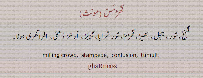  ਘਡ਼ਮੱਸ, gharmass,  ਘੜਮੱਸ , Tumult, noise; a crowd, a collection of people, گھڑمس,   gharmas, milling crowd. stampede. confusion. tumult, گھمچ شور, ہلچل, بھیڑ, گھڑم, شور شرابا, گڑبڑ, ادھر دھمی۔ افراتفری ہونا 