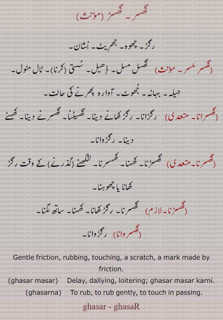   گھسر, گھسڑ, گھسرنا,گھسڑنا,  گھسر مسر ,گھسرانا, گھسرنا ,گھسڑنا ,گھسروانا,ghasar , ghasaR ,ਘਸਰ, ਘਸੜ,ghasarna, ਘਸਰਨਾ, ghasar masar,