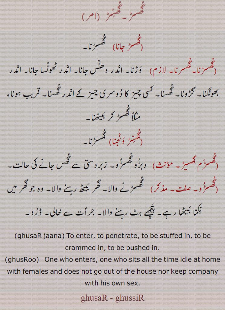 گُھسڑ, گُھسِّڑ, گھسڑ جانا,گھسڑنا,گُھسرنا,گھسڑ ونجنا ,گھڑم گھسیڑ ,گھسڑو, ,گھسڑم گھسیڑ,to enter,one who enter,to be pushed in,ghusar, ghussir, ghusRoo, ਘੁਸਡ਼ੂ, ghusar jaana, ਘੁਸਡ਼ ਜਾਣਾ,,  