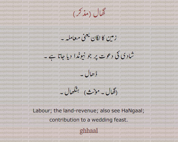 گھال , زمین کا لگان یعنی معاملہ,  نِیونٛدا , ڈھال,ہنٛگھال, Labour; the land-revenue; also see HaNgaal, contribution to a wedding feas, ghhaal, ਘਾਲ, 
