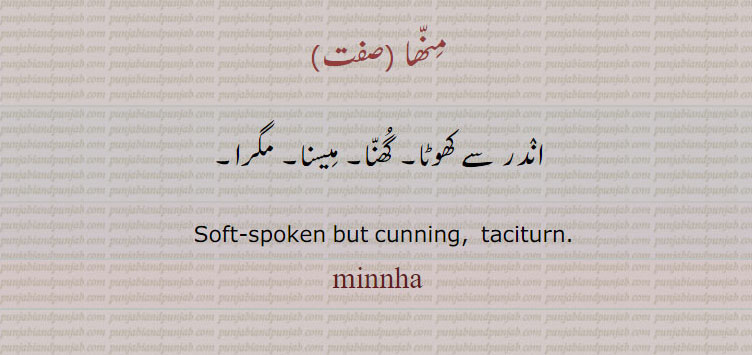 ,minnha, منھا, میسنا. soft spoken but cunning