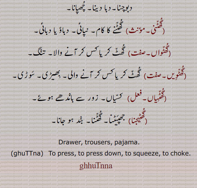  گھٹنا ,گھٹناں,پاجامہ, گھٹنوں تک کا پاجامہ,گھٹنی,گھٹ,گھٹ گھٹ کے,گھٹ گھٹ کے مرنا,گھٹ لینا,گھٹانا,گھٹائی,گھٹی وٹی,گھٹواں,گھٹوِیں,گھٹیاں,گھٹیجنا,جھپیٹنا, بند ہو جانا,ghutanna,drawer, trousers, pajama,ghuttna, to press down, to squeeze, to choke,ghutnna ,ghutnnan , ਘੁਟੰਨਾ,  ghuttna,  ਘੁੱਟਣਾ,, 