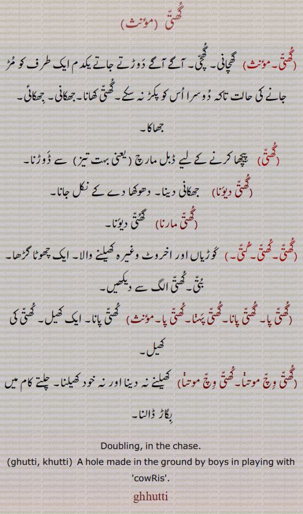    گھتی, گھچانی,  گھچی, گھتی کھانا, کھتی, گتی, کوڑیاں اور اخروٹ وغیرہ کھیلنے والا, ایک چھوٹا گڑھا, گھتی پا, گھتی پانا,گھتی پہنا,کھتی پا,  کھتی پانا, گھتی وچ موتنا,کھتی وچ موتنا,  کھیلنے نہ دینا, Doubling, in the chase,ghutti, khutti,  ਖੁੱਤੀ, A hole made in the ground,ghhutti,  ghutti, ਘੁੱਤੀ, khutti,ਖੁੱਤੀ,  