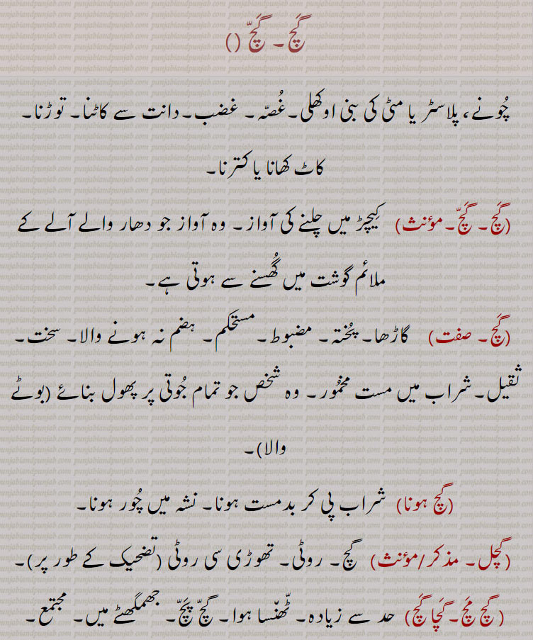  ,gach, gachch ,ਗੱਚ  ,gachchal, ਗੱਚਲ, gachch chaRhna,gachch hona,gachch karna, launa,gachch maarna,gachch pachch,gachchal,gach mach,gach mach thiwana, gicha,cement mortar made with lime, plaster, old mortar, mud, wrath, to be drunk, to insist, to bite, crowded, thick, 
، گچ,گچ ہونا,گچل,گچ مچ,گچا گچ, ،گچ مچ تھونا,گچمچ تھینا,گچنا,گچ پچ,گچ ماچ,گچگیری,گچ کھچ,گچگیری,گچ کار،گچ,گچکرن, گچاپیچ, گچ ،گچ,گچ کرنا, گچا گچ, گچی, گچک, گچل, ،"گچو گچ,گچ آنا,گچ اٹھنا, گچ چڑھنا, گچ بجھنا,گچ بھر آنا,بھری آؤنا,گچ کڈھنا,گچ کھانا,گچ مارنا  ،گچ,گچل, گچل خوردہ,  گچ,  