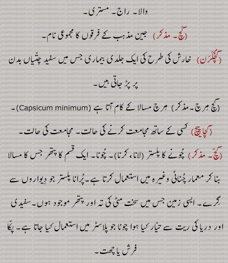  ,gach, gachch ,ਗੱਚ  ,gachchal, ਗੱਚਲ, gachch chaRhna,gachch hona,gachch karna, launa,gachch maarna,gachch pachch,gachchal,gach mach,gach mach thiwana, gicha,cement mortar made with lime, plaster, old mortar, mud, wrath, to be drunk, to insist, to bite, crowded, thick, 
، گچ,گچ ہونا,گچل,گچ مچ,گچا گچ, ،گچ مچ تھونا,گچمچ تھینا,گچنا,گچ پچ,گچ ماچ,گچگیری,گچ کھچ,گچگیری,گچ کار،گچ,گچکرن, گچاپیچ, گچ ،گچ,گچ کرنا, گچا گچ, گچی, گچک, گچل, ،"گچو گچ,گچ آنا,گچ اٹھنا, گچ چڑھنا, گچ بجھنا,گچ بھر آنا,بھری آؤنا,گچ کڈھنا,گچ کھانا,گچ مارنا  ،گچ,گچل, گچل خوردہ,  گچ,  
