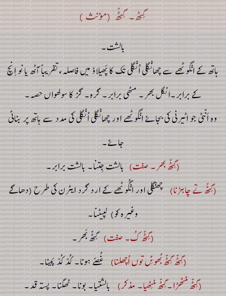  ,گٹھ بھر, گٹھ, گٹھ تے چاہڑنا, گٹھ ک, گٹھ گٹھ بھوئں توں اچھلنا ,گٹھ مٹھڑا,گٹھ مٹھیا, گٹھا,گٹھو,گٹھو,گٹھی,گٹھیا , گٹھئیا, giTh, ਗਿਠ,  giTTh, ਗਿੱਠ, giTh muThi, giThmuThra, giTTh ku, giTTh ku bhar,