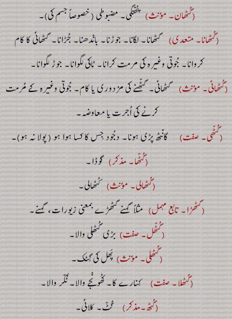   گٹھا, گٹھان, گٹھانا, گٹھائی, گٹھی, گٹًھا, گٹھالی, گٹھڑا, گٹھل, گٹھلی, گٹھلا, گٹھ, گٹھی, گٹھ, گٹھنا, گٹھلھا, گٹِھلی, گٹِھیل, گٹھے بنھنا, گٹھ کڈھنی, گٹھے لاؤنا,, gutth, ਗੁੱਠ, gutthe launa, ਗੁੱਠੇ ਲਾਉਣਾ, guth kaDDhani, ਗੁੱਠ ਕੱਢਣੀ, guthna, ਗੁਥਣਾ, guthli, ਗੁਠਲੀ, gutthna, ਗੁੱਠਣਾ, guth, gutt,  ਗੁੱਟ,,  