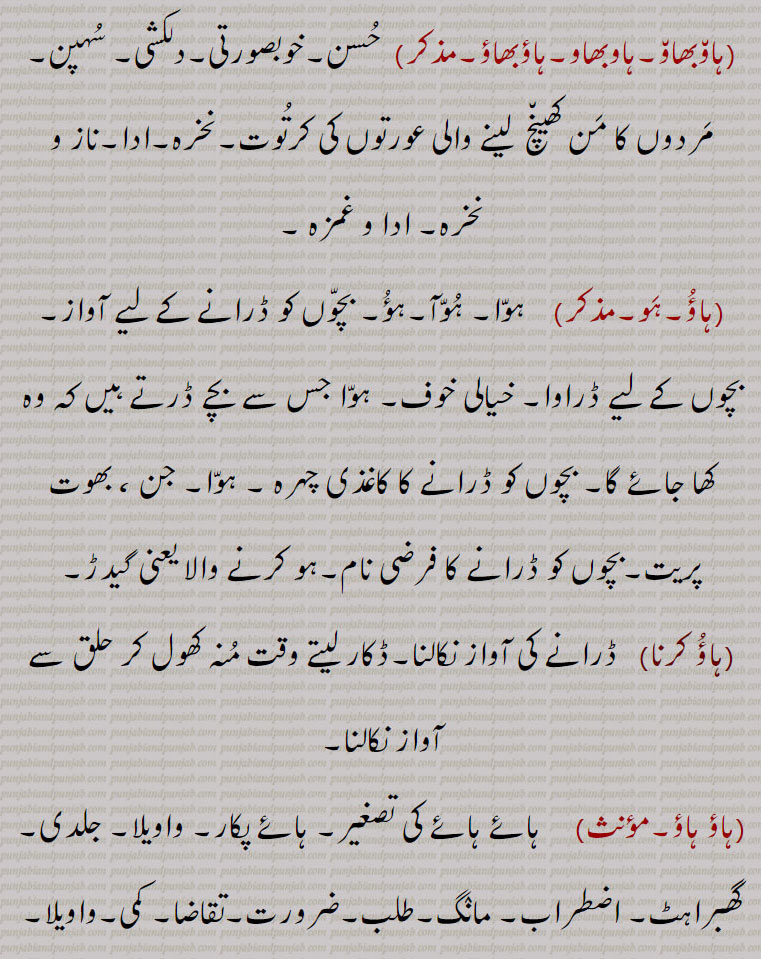    ہاؤ,ہاؤآ , ایک جیسا,  شرمندگی,ہاؤ لاہونا, ہاوبھاو,ہو,خیالی خوف, بچوں کو ڈرانے کا کاغذی چہرہ , ہوا,بچوں کو ڈرانے کا فرضی نام,ہاؤ کرنا,ہاؤ ہاؤ, ,ہاؤ ہاؤ پینا,ہاؤ ہاؤ رہنا,ہاؤ ہو,ہاؤ ہو کرنا,ہاہو,ہاوا, غم ,چنتا,ہاؤ ,  haaoo, ਹਾਊ , ਹਾਓ, haoo, haoo,hau, ਹੌ,haoo, haua, ਹਊ, ਹਊਆ, haoo ber, haoo bhaoo,haua , ਹਊਆ,hav bhaw, ਹਾਵ, ਭਾਵ, hawa, ਹਾਵਾ, haahoo, haau,