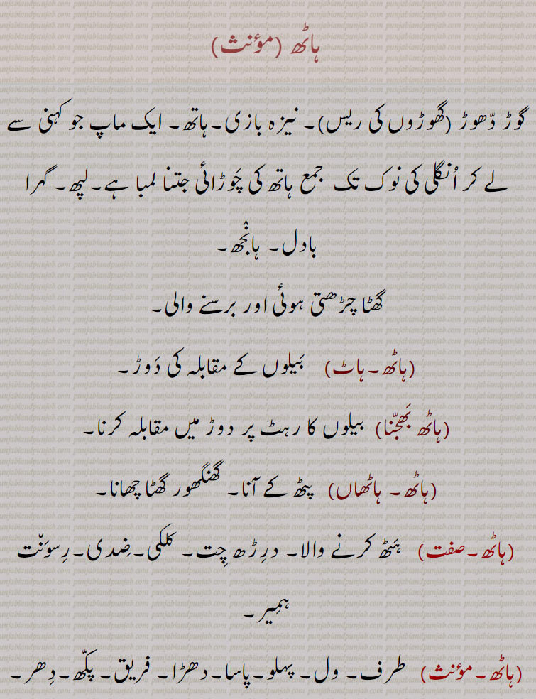   ہاٹ, ہاٹھ بھجنا, ہاٹھاں ,ہاٹھ, haath. ਹਾਠ, ਹਠ , horse race. measure. from elbow to tip of finger, گھوڑوں کی ریس, نیزہ بازی, بادل, ہانجھ, بیلوں کے مقابلے, گھٹا چھانا,ضدی ,ہٹھ 