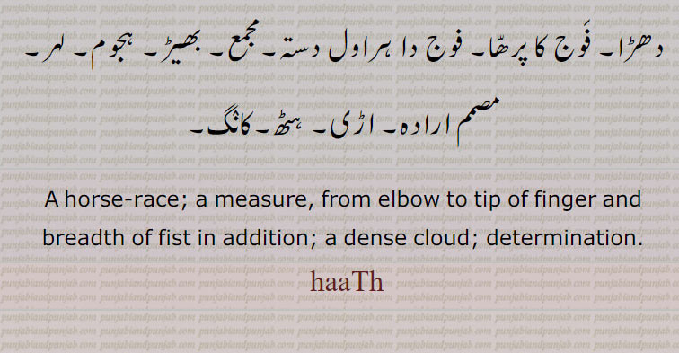   ہاٹ, ہاٹھ بھجنا, ہاٹھاں ,ہاٹھ, haath. ਹਾਠ, ਹਠ , horse race. measure. from elbow to tip of finger, گھوڑوں کی ریس, نیزہ بازی, بادل, ہانجھ, بیلوں کے مقابلے, گھٹا چھانا,ضدی ,ہٹھ 