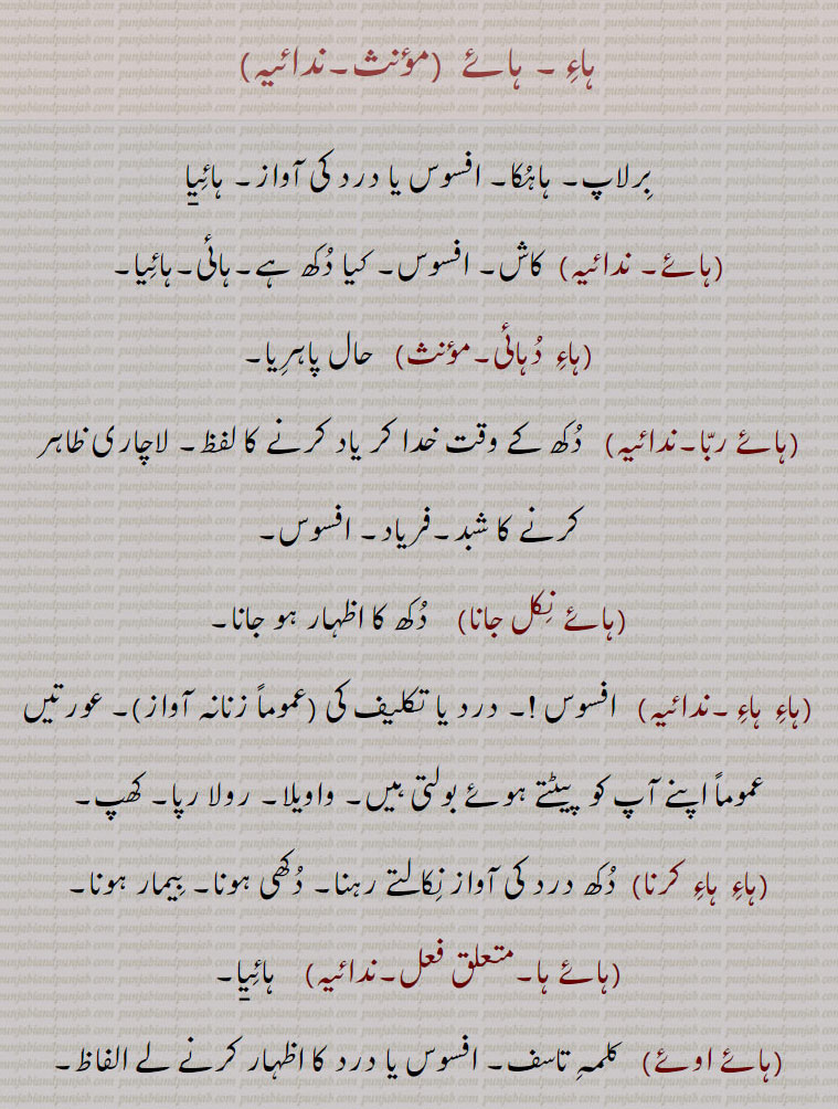  ہاء, ہائے, برلاپ, افسوس یا درد کی آواز,ہاء دُہائی,ہائے ربا,فریاد, افسوس,ہائے نِکل جانا,ہاء ہاء, واویلا,اء ہاء کرنا,ہائے ہا,ہائے اوئے,ہائیا,ہائن, آہن, آہن,آہے,ہن,ہائیں سیارا,ہائنیں,,haae,  sigh, haaia,ہائے,haaye - haae  , ਹਾਏ, haaia,haaia,ਹਾਇਆ,  