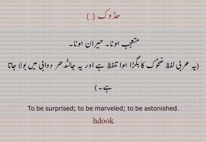    حدوک , متعجب ہونا۔ حیران ہونا۔یہ عربی لفظ ضحوک کا بگڑا ہوا تلفظ ہے اور یہ جالندھر دوابی میں بولا جاتا ہے۔ ,To be surprised; to be marveled; to be astonished، hdook, hاdook, ਹਦੂਕ 