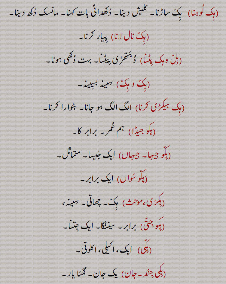   ہک, چھاتی, سینہ, ہک پکنا,ہک تان,ہک تانی,ہک تانی زور لانا,ہک تے ہتھ رکھنا,ہک تے ہتھ مارنا,ہک ٹھنڈی کرنا,ہک ٹھوکنا,ہک دا دھکا,ہک دھڑکا,ہک دے تان,ہک دے زور,ہک ڈاہنا,ہک ڈہنا,ہک ساڑنا,ہکً کڈھ کے,ہک لوہنا,ہکً نال لانا,ہل وہک پٹنا,ہک و ہک,ہک ہیکڑی کرنا,ہکو جیڈا,ہکو جیہا, جیہاں,ہکو سواں,کڑی,ہکو جت,ہکی,ہکی جند۔,ہکی دید,ہکی شکل دا,ہکی مٹھ,ہک ساہ,ہکے سروں,کے لنگی,ہکے سرائیں, breast, chest, bosom,hikk da dhakka, hikk de zor, hikk de taan, ਹਿੱਕ ਦੇ ਜੋਰ, ਹਿੱਕ ਦੇ ਤਾਨ ,hikk loohni, saaRni,hikk taan,hikk taani,hikk taani zor launa,hikk te hatth rakkhna, hikk Thokni, Thorni,hikk Thandi honi,hikk Thabdii karni,hick da dhakka, ਹਿੱਕ ਦਾ ਧੱਕਾ, hick naal launa, ਹਿੱਕ ਨਾਲ਼ ਲਾਉਣਾ,hikk, ਹਿੱਕ,  