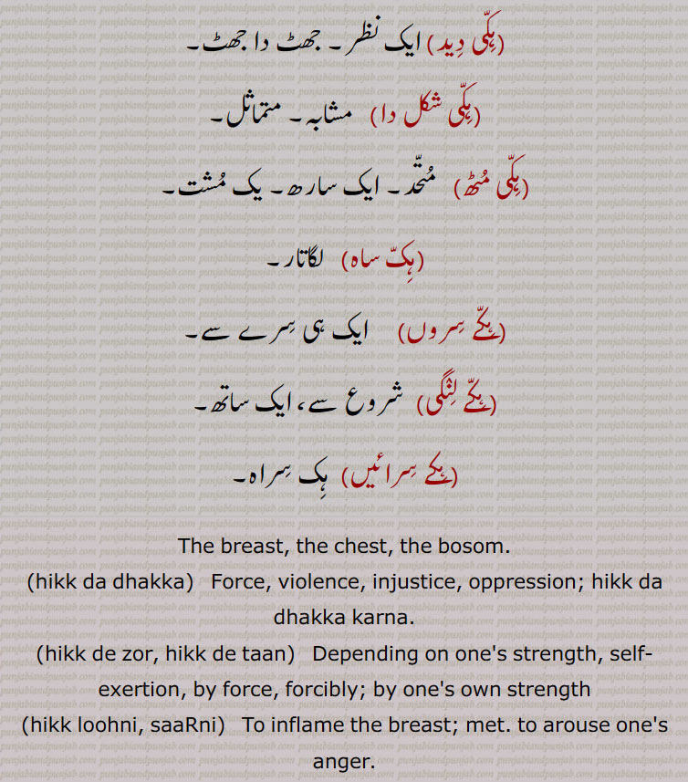   ہک, چھاتی, سینہ, ہک پکنا,ہک تان,ہک تانی,ہک تانی زور لانا,ہک تے ہتھ رکھنا,ہک تے ہتھ مارنا,ہک ٹھنڈی کرنا,ہک ٹھوکنا,ہک دا دھکا,ہک دھڑکا,ہک دے تان,ہک دے زور,ہک ڈاہنا,ہک ڈہنا,ہک ساڑنا,ہکً کڈھ کے,ہک لوہنا,ہکً نال لانا,ہل وہک پٹنا,ہک و ہک,ہک ہیکڑی کرنا,ہکو جیڈا,ہکو جیہا, جیہاں,ہکو سواں,کڑی,ہکو جت,ہکی,ہکی جند۔,ہکی دید,ہکی شکل دا,ہکی مٹھ,ہک ساہ,ہکے سروں,کے لنگی,ہکے سرائیں, breast, chest, bosom,hikk da dhakka, hikk de zor, hikk de taan, ਹਿੱਕ ਦੇ ਜੋਰ, ਹਿੱਕ ਦੇ ਤਾਨ ,hikk loohni, saaRni,hikk taan,hikk taani,hikk taani zor launa,hikk te hatth rakkhna, hikk Thokni, Thorni,hikk Thandi honi,hikk Thabdii karni,hick da dhakka, ਹਿੱਕ ਦਾ ਧੱਕਾ, hick naal launa, ਹਿੱਕ ਨਾਲ਼ ਲਾਉਣਾ,hikk, ਹਿੱਕ,  