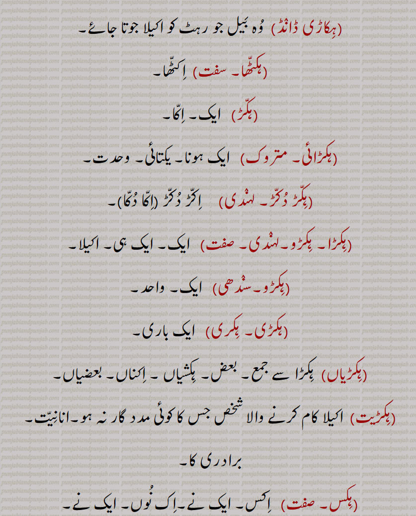 ہک,ایک,ہکا,ہک ادھ,ہکائی, ،ہکدن,ہک بہک,ہک بے دے اوتویں,ہک بے دے پچھوں,ہک بیا,ہک توں بیا,ہک تل,ہک ٹک,ہک جا,ہک جنگھ تے کھڑا رہنا,ہک چائے سہن٘س لوڑھائے,ہکری,ہک سراہ۔ سرائیں,ہک کلوانڈ,ہکلوانڈ, ہکلوانڈ,ہک کنوں ہک,ہک لاپا,ہک لاگ,ہک لنگیں,ہل مٹھ,ہک مڽیں,ہکنا,ایکوں,ہک نوں ہک,ہک نہ ہک,،,ہک وا,ہک ہتھ,ہک ہک,ہک ہکڑی,ہک ہکڑی کرنا,ہکا,ہکًا/ ہکا رت,ہکارات,ہکا کجھ,ہکا ہک,ہکاڑا,،,ہکاڑی ڈانڈ,ہکٹھا,ہکڑ,ہکڑائی,ہکڑ دکڑ,ہکڑا,ہکڑو,ہکڑو,ہکڑی, ہکری,ہکڑیاں,ہکڑیت,ہکس,،,ہکسار,ہکساہرا,ہکسے,ہکلا,ہکلاں,ہکلاپا,ہکن,ہکناں,ہکناں,ہکیناں,ہکو,،,ہکو جہیں ,ہکو جیڈے,ہکو جیہاں,ہکوجیہیں,ہکوڑا,ہکوڑکی,ہکورا,ہکو کجھ,ہک ہک کرنا,ہکی,ہکی لنگی,، ,ہکے,ہکے ہک,ہکے چھیک وچ,ہکے سراؤں,ہکے لنگے,ہکے ویلی,ہکے  ,hikk, ਹਿੱਕ,Single,  firstly,  ikk; ikko,hikk ba  hikk,hikka,hikko,hikko jeDa, hikko jeha,hikRa,hikke,hik adh,hik paase, hik kalwaND,hik taan,hikaTTha,hik kanuN hik,hik lapa,hik laag,hik moTh,hik na hik,hiko jehaan,hikka rat,hikaaRa, hikRa,hakRa,ਇੱਕੋ, ikko, hikka,ਹਿੱਕਾ, hikko,  ਇੱਕੋ, hikRa,ਹਿਕਡ਼ਾ ,hikke,  ਹਿੱਕੇ  ,hik