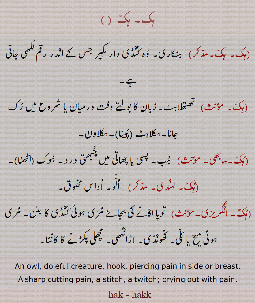   , ,ہک,hak, huk,  ਹੁਕ,owl, doleful creature, hook, stitch,twitch. ہنکاری۔ہکلاہٹ۔ ہب۔ الو۔ اداس مخلوق۔ مڑی میخ۔ مچھلی پکڑنے کا کانٹا۔