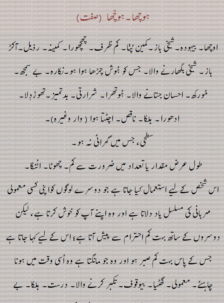  ہوچھا,اوچھا,چھچھورا,کمینہ, رذیل, ہوتھرا,,ہوچھ۔,تھوڑ دلی , ہلکا پن,.ہوچھا پنا,ہوچھپن,ہوچھ پنا,ہوچھپ۔ہوچھی گل۔, ہولا پن,ہوچھن, ہوچھڑی, ,ہوچھن, ,hochha, hochchha , hochchha ,ਹੋੱਛਾ,stupidity, loghtness. absurdity  