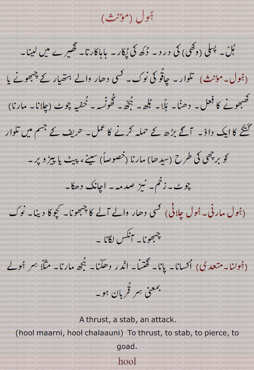   ہول ,  A thrust, a stab, an attack., hool maarni, hool chalaauni,  To thrust, to stab, to pierce, to goad., hool, ਹੂਲ ،ہول,ہل۔ پسلی (وکھی) کی درد۔ دکھ کی پکار۔ ہاہاکارتا۔ گھیرے میں لینا,ہول, تلوار۔ چاقو کی نوک۔ کسی دھار والے ہتھیار کے چبھونے یا کھبھونے کا فعل۔ دھنا۔ ہلا۔ ہلھ۔ ہجھ۔ گھونسہ۔ خفیہ چوٹ ,ہول چلانا۔, 