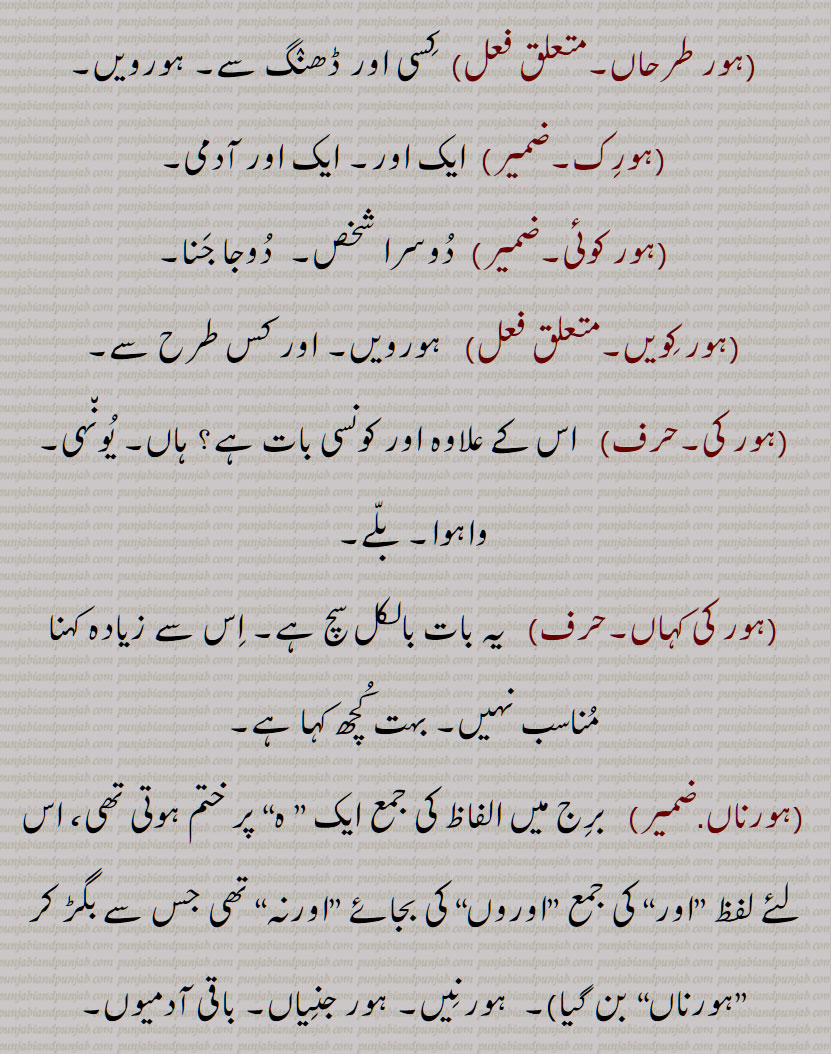  سارے, ہور سُنے, ہور طرحاں, ہور طرحاں, ہورِک ,ہور کوئی,ہور کِویں, ہور کی, ہور کی کہاں, ہورناں, ہور نَہ, ہورنِیں, ہوروطور, ہور وی,ہور بھی,ہور بی, ہور ہی, ہوری, ہور شَے, ہوراں,  ہُراں , ہونیں ,ہوڑِیں, ہوریں, ہُریں , ہونی ,ہونِیں,ہوریں,ہوراں,ہورویں , hordar,  hordhar,  horthe, horda, horhi, hor ki, hor koi, hor ki kahaaN, hornaaN, hornooN, hor shaiy, hor saare, hor suno, hor toN hor, horwi ,horvi, horaaN, horeeN, horotor, horas, hor kujh, hor the, hor dar, hor dare, horna, horweiN, hor,ਹੋਰ ,ਹੋਰਾਂ ,  ਹੋਰੀਂ , ਹੋਰੀ ,ਹੋਰਨਾਂ , ਹੋਰਨੀਂ , ਹੋਰੋਤੋਰ, ਹੂਰਾ, ਹੋਰਸ, ਹੋਰ ਕੁਝ, ਹੋਰ ਥਹਿ, ਹੋਰ ਥੇ, ਹੋਰ ਦਰ, ਹੋਰ ਦਰੇ , ਹੋਰਨਾ, ਹੋਰਵੇਂ , ,ہور تھہ,   ہور در,  ہور دوں, ہور دھر,  ہور سنے,   ہورک , ہور کویں, ہور نہ, ہورنیں,  ہور شے,   ہراں ,  ہوڑیں,  ہریں   