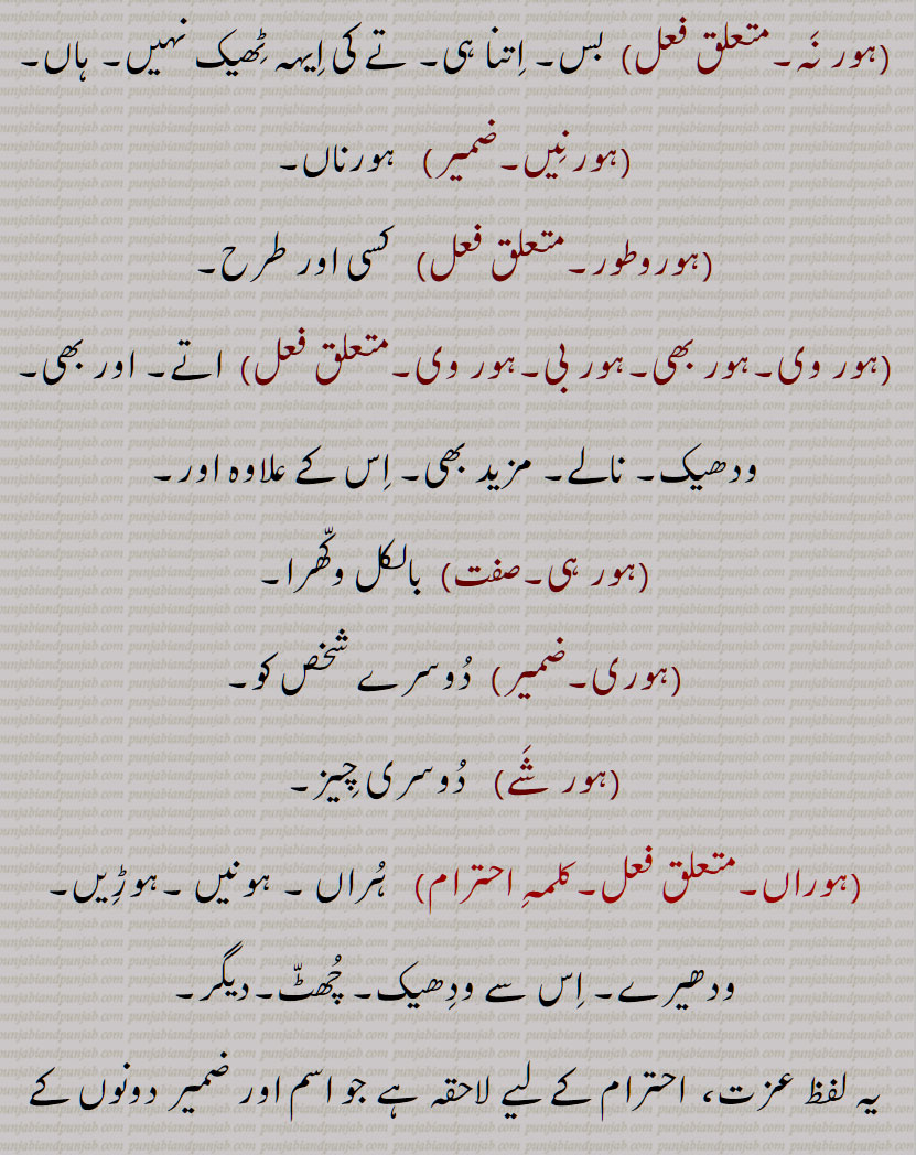   سارے, ہور سُنے, ہور طرحاں, ہور طرحاں, ہورِک ,ہور کوئی,ہور کِویں, ہور کی, ہور کی کہاں, ہورناں, ہور نَہ, ہورنِیں, ہوروطور, ہور وی,ہور بھی,ہور بی, ہور ہی, ہوری, ہور شَے, ہوراں,  ہُراں , ہونیں ,ہوڑِیں, ہوریں, ہُریں , ہونی ,ہونِیں,ہوریں,ہوراں,ہورویں , hordar,  hordhar,  horthe, horda, horhi, hor ki, hor koi, hor ki kahaaN, hornaaN, hornooN, hor shaiy, hor saare, hor suno, hor toN hor, horwi ,horvi, horaaN, horeeN, horotor, horas, hor kujh, hor the, hor dar, hor dare, horna, horweiN, hor,ਹੋਰ ,ਹੋਰਾਂ ,  ਹੋਰੀਂ , ਹੋਰੀ ,ਹੋਰਨਾਂ , ਹੋਰਨੀਂ , ਹੋਰੋਤੋਰ, ਹੂਰਾ, ਹੋਰਸ, ਹੋਰ ਕੁਝ, ਹੋਰ ਥਹਿ, ਹੋਰ ਥੇ, ਹੋਰ ਦਰ, ਹੋਰ ਦਰੇ , ਹੋਰਨਾ, ਹੋਰਵੇਂ , ,ہور تھہ,   ہور در,  ہور دوں, ہور دھر,  ہور سنے,   ہورک , ہور کویں, ہور نہ, ہورنیں,  ہور شے,   ہراں ,  ہوڑیں,  ہریں   