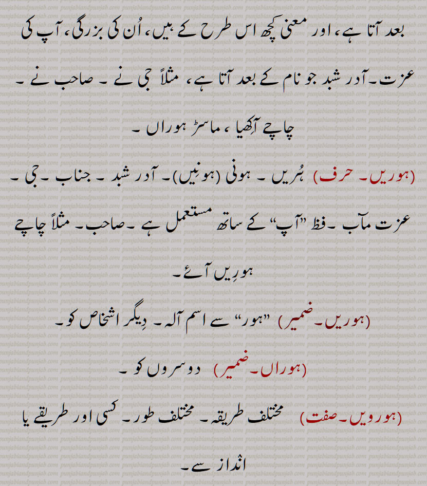   سارے, ہور سُنے, ہور طرحاں, ہور طرحاں, ہورِک ,ہور کوئی,ہور کِویں, ہور کی, ہور کی کہاں, ہورناں, ہور نَہ, ہورنِیں, ہوروطور, ہور وی,ہور بھی,ہور بی, ہور ہی, ہوری, ہور شَے, ہوراں,  ہُراں , ہونیں ,ہوڑِیں, ہوریں, ہُریں , ہونی ,ہونِیں,ہوریں,ہوراں,ہورویں , hordar,  hordhar,  horthe, horda, horhi, hor ki, hor koi, hor ki kahaaN, hornaaN, hornooN, hor shaiy, hor saare, hor suno, hor toN hor, horwi ,horvi, horaaN, horeeN, horotor, horas, hor kujh, hor the, hor dar, hor dare, horna, horweiN, hor,ਹੋਰ ,ਹੋਰਾਂ ,  ਹੋਰੀਂ , ਹੋਰੀ ,ਹੋਰਨਾਂ , ਹੋਰਨੀਂ , ਹੋਰੋਤੋਰ, ਹੂਰਾ, ਹੋਰਸ, ਹੋਰ ਕੁਝ, ਹੋਰ ਥਹਿ, ਹੋਰ ਥੇ, ਹੋਰ ਦਰ, ਹੋਰ ਦਰੇ , ਹੋਰਨਾ, ਹੋਰਵੇਂ , ,ہور تھہ,   ہور در,  ہور دوں, ہور دھر,  ہور سنے,   ہورک , ہور کویں, ہور نہ, ہورنیں,  ہور شے,   ہراں ,  ہوڑیں,  ہریں   