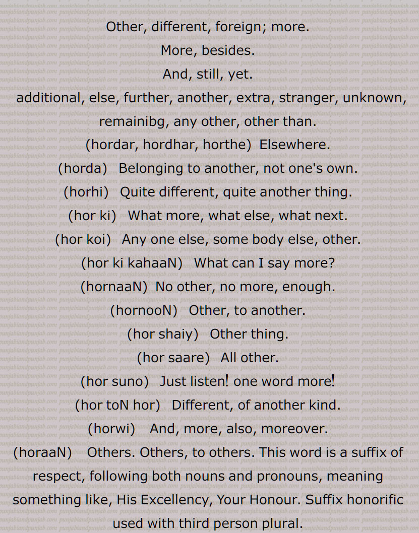   سارے, ہور سُنے, ہور طرحاں, ہور طرحاں, ہورِک ,ہور کوئی,ہور کِویں, ہور کی, ہور کی کہاں, ہورناں, ہور نَہ, ہورنِیں, ہوروطور, ہور وی,ہور بھی,ہور بی, ہور ہی, ہوری, ہور شَے, ہوراں,  ہُراں , ہونیں ,ہوڑِیں, ہوریں, ہُریں , ہونی ,ہونِیں,ہوریں,ہوراں,ہورویں , hordar,  hordhar,  horthe, horda, horhi, hor ki, hor koi, hor ki kahaaN, hornaaN, hornooN, hor shaiy, hor saare, hor suno, hor toN hor, horwi ,horvi, horaaN, horeeN, horotor, horas, hor kujh, hor the, hor dar, hor dare, horna, horweiN, hor,ਹੋਰ ,ਹੋਰਾਂ ,  ਹੋਰੀਂ , ਹੋਰੀ ,ਹੋਰਨਾਂ , ਹੋਰਨੀਂ , ਹੋਰੋਤੋਰ, ਹੂਰਾ, ਹੋਰਸ, ਹੋਰ ਕੁਝ, ਹੋਰ ਥਹਿ, ਹੋਰ ਥੇ, ਹੋਰ ਦਰ, ਹੋਰ ਦਰੇ , ਹੋਰਨਾ, ਹੋਰਵੇਂ , ,ہور تھہ,   ہور در,  ہور دوں, ہور دھر,  ہور سنے,   ہورک , ہور کویں, ہور نہ, ہورنیں,  ہور شے,   ہراں ,  ہوڑیں,  ہریں   