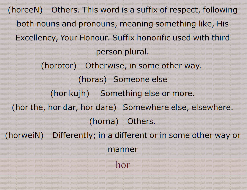   سارے, ہور سُنے, ہور طرحاں, ہور طرحاں, ہورِک ,ہور کوئی,ہور کِویں, ہور کی, ہور کی کہاں, ہورناں, ہور نَہ, ہورنِیں, ہوروطور, ہور وی,ہور بھی,ہور بی, ہور ہی, ہوری, ہور شَے, ہوراں,  ہُراں , ہونیں ,ہوڑِیں, ہوریں, ہُریں , ہونی ,ہونِیں,ہوریں,ہوراں,ہورویں , hordar,  hordhar,  horthe, horda, horhi, hor ki, hor koi, hor ki kahaaN, hornaaN, hornooN, hor shaiy, hor saare, hor suno, hor toN hor, horwi ,horvi, horaaN, horeeN, horotor, horas, hor kujh, hor the, hor dar, hor dare, horna, horweiN, hor,ਹੋਰ ,ਹੋਰਾਂ ,  ਹੋਰੀਂ , ਹੋਰੀ ,ਹੋਰਨਾਂ , ਹੋਰਨੀਂ , ਹੋਰੋਤੋਰ, ਹੂਰਾ, ਹੋਰਸ, ਹੋਰ ਕੁਝ, ਹੋਰ ਥਹਿ, ਹੋਰ ਥੇ, ਹੋਰ ਦਰ, ਹੋਰ ਦਰੇ , ਹੋਰਨਾ, ਹੋਰਵੇਂ , ,ہور تھہ,   ہور در,  ہور دوں, ہور دھر,  ہور سنے,   ہورک , ہور کویں, ہور نہ, ہورنیں,  ہور شے,   ہراں ,  ہوڑیں,  ہریں   