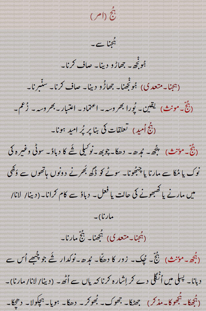   ہج ,ہونجھ, جھاڑو دینا,صاف کرنا,ہجنا,  ہونجھنا, سنبرنا, یقین, اعتماد,بھروسہ, زعم,ہج امید,  پجھ, ہدھ,چوبھ,ہج دینا,ہج لانا, ہج مارنا,ہجنا,ہجھنا,ہجھ, چک,ہجھ دینا,ہجھ لانا,ہجھ مارنا,ہجھکا,ہجھوکا, بھوکر,ہچکولا, دھچکا,ہجھکا لگنا,ہجھکا  کھانا,ہجھکا مارنا,ہجھکولا,ہجکولا,ہجھکولا لگنا,ہجھکولا کھانا,ہجھکولا مارنا,Sweep, clean,hujj,  Confidence,hujj, thrust , stab,assault,hujj launi, hujj maarni,hujjh,  ਹੁੱਝ,Poke, prod, hujka, ਹੁਝਕਾ, ਹਝੋਕਾ, Jolt, jerk,hujjh maarni,  ਹੁੱਝ ਮਾਰਨੀ ,huj,  