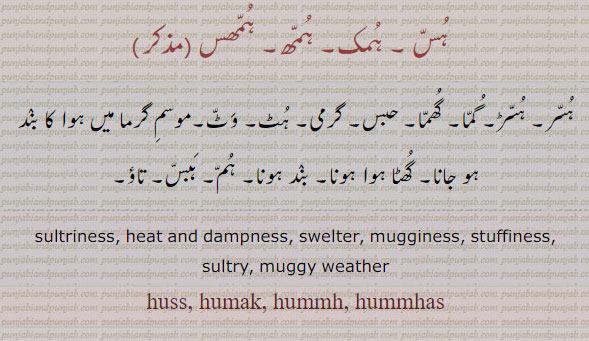 huss, humak, hummh, hummhas, sultriness, swelter, muggy weather, ہُسّ , ہُمک , ہُمّھ , ہُمّھس, ہس   ہمک , ہمھ ਹੁੱਸ,ਹੁਮਕ,ਹੁੰਮ੍ਹ,ਹੁੰਮ੍ਹਸ, ہمھس  , وٹ, ہٹ