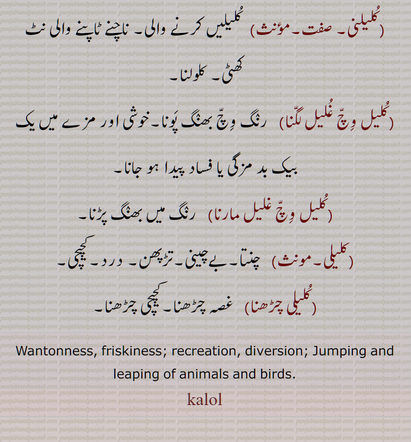 کلیل, کلول , کلول, موج, اچھلنے کُودنے یا ٹاپنے کا فعل,موج میلا, زندہ دِلی کے تحت کیا ہوا مذاق, حیوانوں اور پرندوں کی اچھل کود , دل لگی, چھال چھڑپا, آرام, کلول پن, کلولاں, کلیلاں کرنا۔کلولاں کرنا, کلیلیں کرنا۔ جانوروں پرندوں کا اچھلنا کودنا,کلیلنی,کلولنا,کلیل وِچّ غلیل لگنا, کلیل وِچّ غلیل مارنا,کلیلی,بےچینی,تڑپھن, درد,کچیچی,کلیلی چڑھنا,  غصہ چڑھنا, Wantonness, friskiness; recreation, diversion; Jumping and leaping of animals and birds, kalol, ਕਲੋਲ  