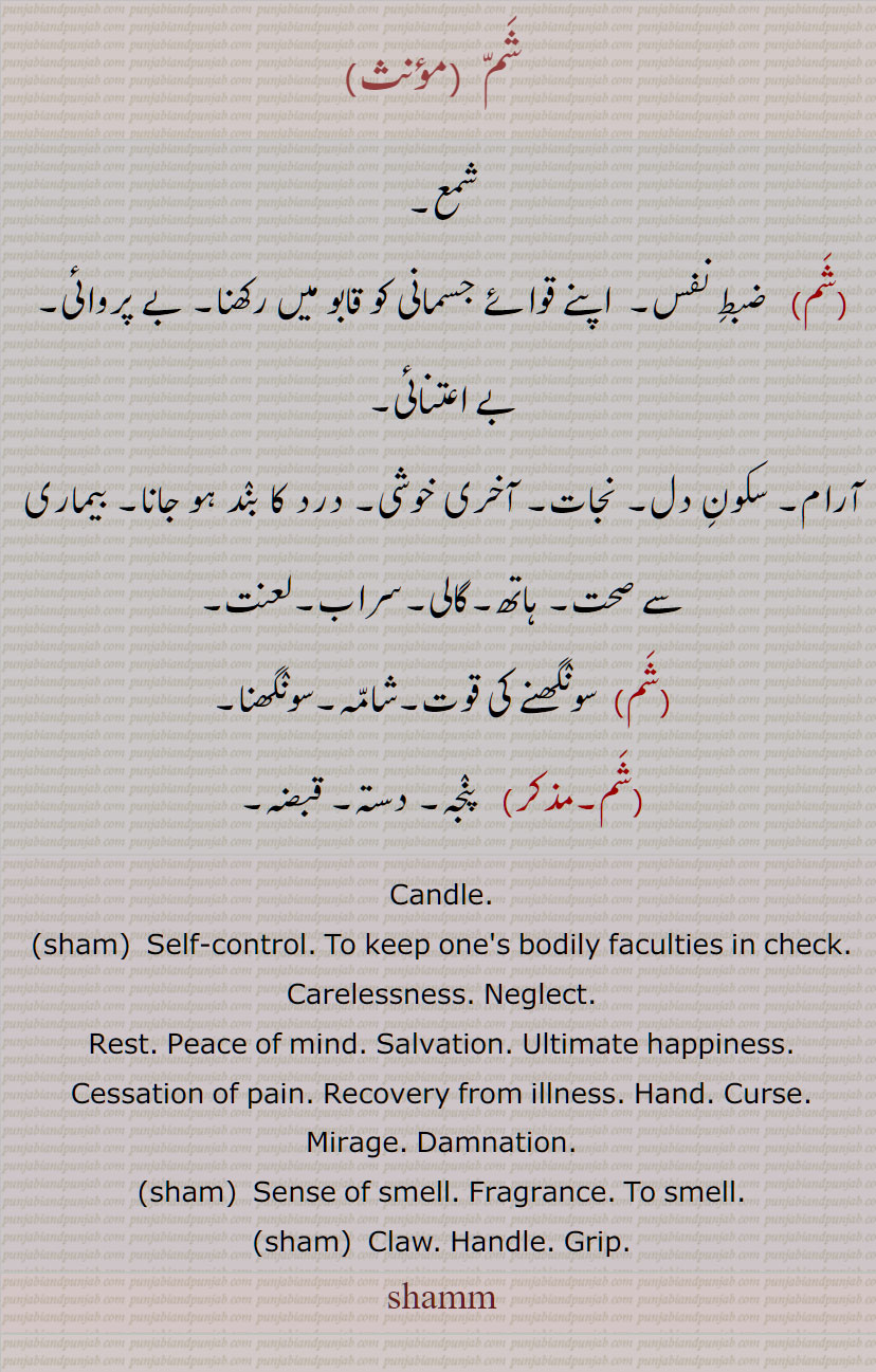  شَمّ  , شَم, شم, Candle,   Self-control, Sense of smell,  Claw, shamm, sham,, , ਸ਼ਮ