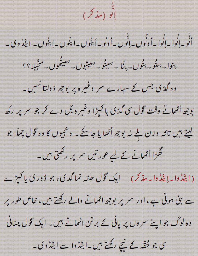       انو,   انوا, اونوں, انوں, اونو, اینوں, اینڈوی, بِنوا ,سنو ,بنوں, بنا , سینو, سینہوں, سینھوں, منجیلا, اینڈوا, اِینڈوا, بنا, بنو,  بنوآں, موٹھا, چمل, چملی, جونا ,مول,مولھا, انو, innoo, innu, ਨੂ, unnoo, innoo, ਉੱਨੂ,endwi,    ਏਂਡਵੀ,binna, ਬਿਨਾੱ ,binnoo,  ਬਿਨੂ, sinhoon,  ਸੀਂਹੂੰ,mol,   ਮੋਲ,,  