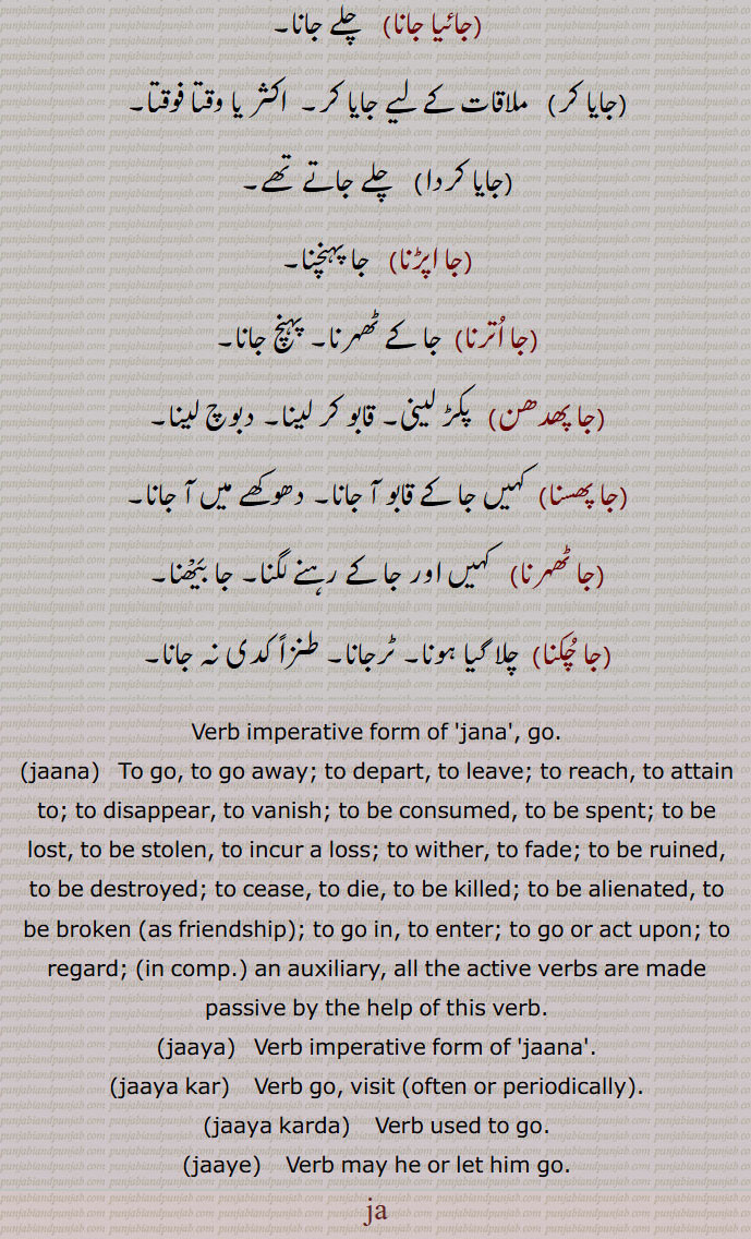   جا, جاہ, چل,جا جا,   چلے جانا,جا چڑھنا,جا چِنبڑنا,جا وجن,جاآں,جاساں,جاسن,جاسو,جاسی,جاسیں,جا واڑنا,جاوڑنا,جان,جان دی کرنا,جان, جانا, گمن , ترنا, چلنا,جان دے,جان دینا,جان سار,جان لگ,جان ہار,جان ہارا,جان ہارا,  جان سار, مرحوم,جانا, وِداع ہونا, چلا جانا, ایک جگہ سے دوسری جگہ کی طرف چلنا,جاند,جاندا,جاندڑ,جاندو,جاندو,جاندو,عورتوں کی ایک گالی,جاتی دفعہ,جاندی واری,جاندے جاندے,جاندیاں جاندیاں,جاندیا سات, جاندیا سار,جانواں,جانویں,جانی,جانے,جانیاں,جاون یار,جاونا,جاوے,جاویں,جائے,جاؤنا,جائیا,جایا,جائیا جانا,جایا کر,جایا کردا,جا اپڑنا,جا اترنا,جا پھدھن,جا پھسنا,جا ٹھہرنا,جا چکنا, چلا گیا ہونا, ٹرجانا,jana, go,jaana, go away, to depart, to leave, to reach, to attain to; to disappear, to vanish,jaaya, ਜਾਇਆ,jaaya kar,  ਜਾਇਆ ਕਰ,jaaya karda, ਜਾਇਆ ਕਰਦਾ,to go,jaaye, ਜਾਏ,جا  , ja, ਜਾ, 
